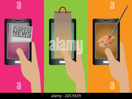 Hand halten Smartphone mit Business News, Online-Shopping und digitale Malerei Anwendungen. Kreative Vektor-Cartoon-Illustration auf Smartphone te Stock Vektor