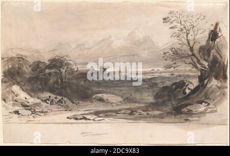 John Varley, (Künstler), britisch, 1778 - 1842, Landschaft mit Ruinen, Graphit mit brauner Wäsche, insgesamt (ca.): 13.5 x 21.7 cm (5 5/16 x 8 9/16 Zoll Stockfoto