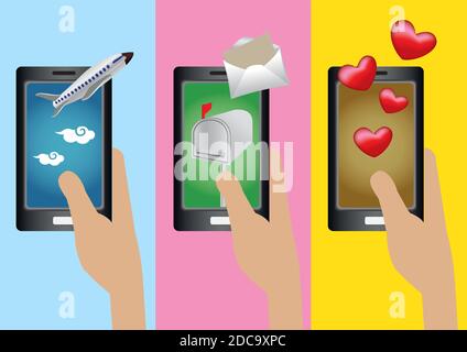 Satz von drei Vektor-Karikatur-Illustration der linken Hand halten Handtelefon mit Bildern der Anwendung Software kommen aus dem Touchscreen. Stock Vektor