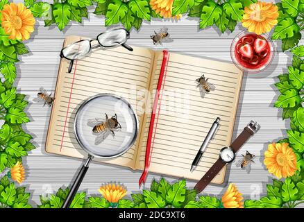 Draufsicht auf Holztisch mit Bürogegenständen und Blättern Und Insekten Element Illustration Stock Vektor