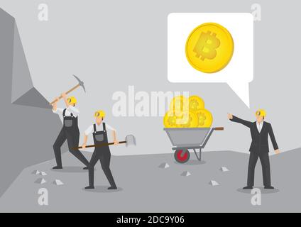 Arbeiter graben auf Gruppe von Bitcoins. Virtual Cryptocurrency Mining-Konzept. Stock Vektor