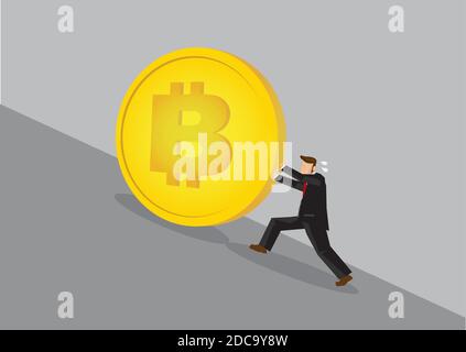Illustration von Bitcoin fällt bergab mit einem Geschäftsmann versuchen, den Rückgang zu stoppen. Stock Vektor