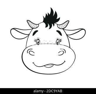 Cute Cartoon Baby Bull, Linienzeichnung. Bullenkübel Kopf, Symbol von 2021, Clip-Art mit Tier auf weißem Hintergrund. Vektorgrafik für Aktien. Frohes neues Jahr 2021 des Ochsen, Stier Stock Vektor