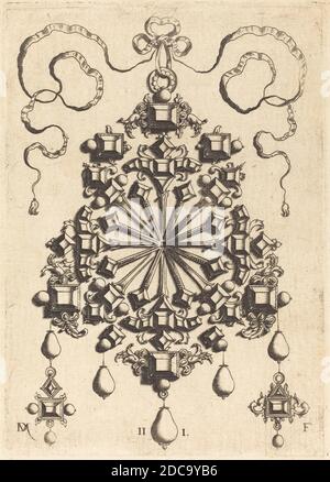 Daniel Mignot, (Künstler), deutsch, aktiv 1593/1596, großer Anhänger mit Stern in der Mitte, Anhänger in Form von Rädern, Sternen und Kreuzen, (Serie), Gravur Stockfoto