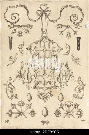 Daniel Mignot, (Künstler), deutsch, aktiv 1593/1596, großer Anhänger mit drei Tropfen unten, Anhänger, Medaillons und Gestüte: pl.5, (Serie), 1593, Gravur Stockfoto