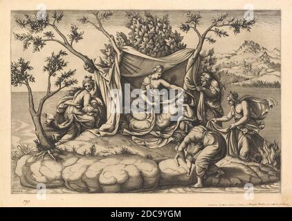 Diana Scultori, (Künstlerin), Italienisch, c. 1535 - wahrscheinlich 1588, Giulio Romano, (Künstler nach), Roman, 1499 - 1546, Latona gebiert Apollo und Diana auf der Insel Delos, Gravur auf Papier (mit Offset von Diana Scultori's, Snake Charmer, (B. 44) rückseitig), Platte: 25.8 × 38 cm (10 3/16 × 14 15/16 in.), Blatt: 30.3 × 42.2 cm (11 15/16 × 16 5/8 Zoll Stockfoto