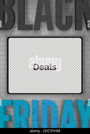 Black Friday Sale-Design mit einer schwarzen Tablette und Inschrift Für Rabatt bieten Poster Design Layout Stock Vektor