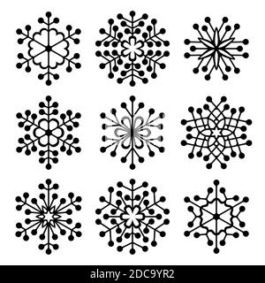 Set von schönen filigran gezeichneten Schneeflocken Silhouetten für Weihnachten Feier. Zeichen oder Emblem des Schnees für Weihnachtsferien. Schneeflocken mit Punkten. Stock Vektor