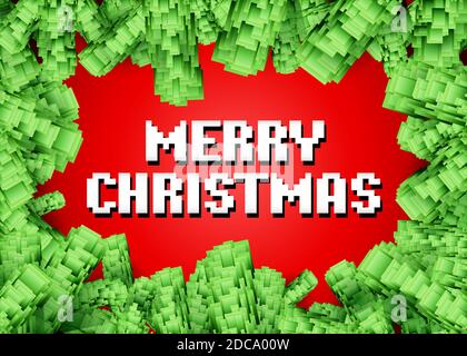 Frohe Weihnachten Grußkarte mit Pixel Baum Zweige Rahmen in 80er Jahre Retro Arcadel Spiel Stil. Stock Vektor