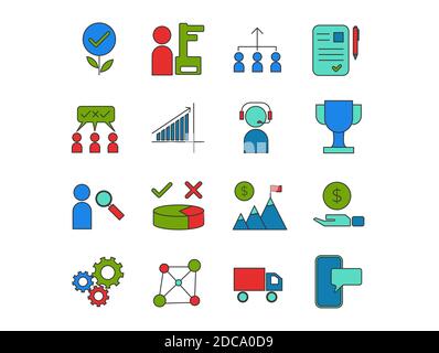 Business und Corporate Grooming Icon Set Vektor-Vorlagen zeigen Idee, Investition, Rekrutierung, Unterstützung, Leistung, Werbung und andere Stock Vektor
