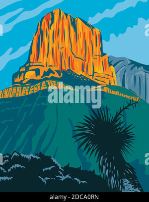 WPA Plakatkunst des Guadalupe Mountains National Park mit El Capitan Gipfel, einem amerikanischen Nationalpark östlich von El Paso, Texas USA in Arbeit getan Stock Vektor