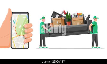Lieferung Charakter Mann Movers tragen Sofa und Smartphone mit Karte App. Träger tragen Couch isoliert. Umzugsfirma mit Ladern und Möbeln. Delivery Relocation Service. Flache Vektorgrafik Stock Vektor