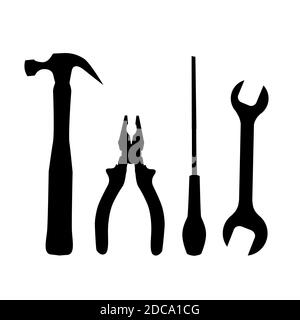 Set von schwarzen Silhouetten von Arbeitswerkzeugen isoliert auf weißem Hintergrund. Zange, Schraubendreher, Hammer und Schraubenschlüssel. Vektorobjekt für Logos, Icons und Ihr d Stock Vektor