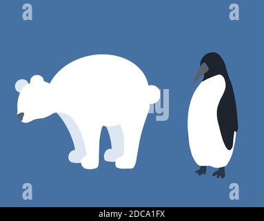 Set von flachen antarktischen Tieren Silhouetten. Eisbär und Pinguin isoliert vom Hintergrund. Vektorgrafiken für Artikel, Karten, Icons und Ihre de Stock Vektor