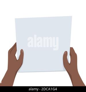 Flache Darstellung afrikanischer Hände, die ein Blatt Papier mit Platz für Text auf weißem Hintergrund halten. Hinweis zum Modell. Brief lesen. Vektorvorlage für Stock Vektor