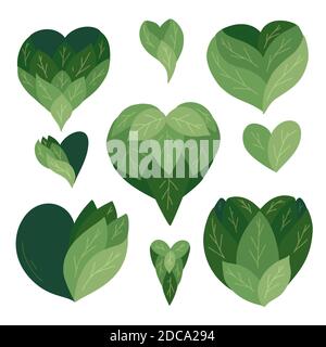 Set von Vektor Hand gezeichnet flache Herzen aus Blättern. Umweltfreundliche Liebe zur Natur. Grüne Buchse vom Objekt isoliert. Vektorobjekte zum Dekorieren von Karten Stock Vektor