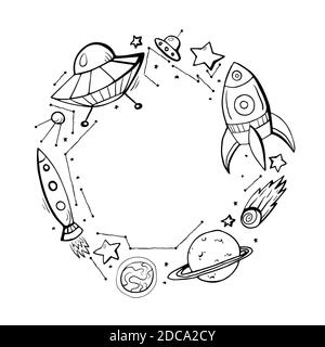 In den Raum. Runder Rahmen mit Kinderkontur Raummuster einer Konstellation, Raketen, Sterne, Planeten und Ort für Text. Vektorkreis-Banner Stock Vektor