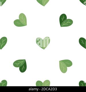 Nahtloses Flachmuster mit einfachen Herzen aus Blättern auf weißem Hintergrund. Liebe zur Natur. Vektor natürliche Textur für Tapeten, Stoffe und Ihre cr Stock Vektor