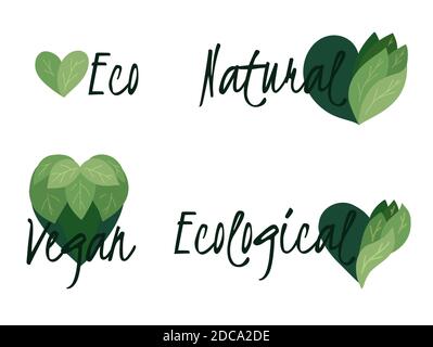 Set von Umwelt Abzeichen mit flachen Herzen aus Blättern. Vegan, Natur und Ökologie. Vektorobjekt für Icons, Logos, Labels und Ihr Design. Stock Vektor