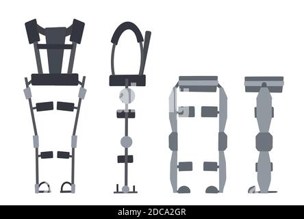 Satz von flachen medizinischen Exoskelett isoliert auf einem weißen Hintergrund. Hilfe für Menschen mit Behinderungen. Zukunft und Innovation. Vektor-Exosuit. Stock Vektor