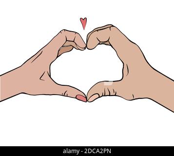 Umriss Farbe Illustration der Herzform von zwei Händen. Ein Paar von Mann und Frau. Ich liebe das Paar. Grußkarte zum Valentinstag. Grußansage für Vektorkontur Stock Vektor