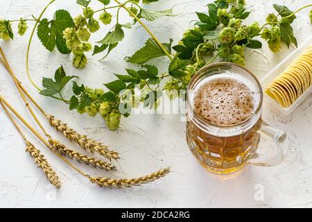 Glas Becher Bier mit Ohren von Gerste, Kartoffelchips und Hopfenzweige auf dem weißen strukturierten Hintergrund. Draufsicht. Stockfoto