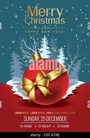 Party Poster Frohe Weihnachten Urlaub Club Einladung. Premium-Kalligraphie-Schriftzug mit Gold Ornament Dekoration aus roten Kugel und goldenem Band auf Lux Stock Vektor