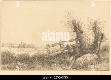 Alphonse Legros, (Künstler), französisch, 1837 - 1911, Farmer Reclining (Le fermier au repos), Radierung retuschiert mit Feder Stockfoto