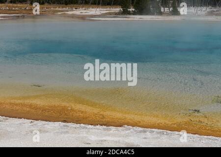 Bunte thermophile Bakterien leben im heißen Wasser des Sunset Lake im Black Sand Basin, Yellowstone National Park, Wyoming, USA. Stockfoto