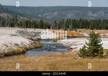 Heißes Wasser aus Sunset Lake mit Matten aus bunten Thermophilen Bakterien fließen in den Iron Spring Creek im schwarzen Sand Becken von Yellowstone National P Stockfoto