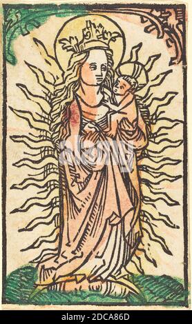 Deutsch 15. Jahrhundert, (Künstler), Madonna mit Kind in einem Glory Standing on a Crescent Moon, 1470/1480, Holzschnitt, handgefärbt in Rose, grün, gelb Stockfoto