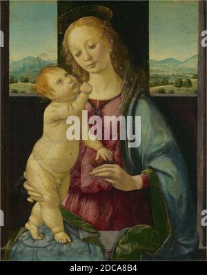 Lorenzo di Credi, (Maler), Florentine, c. 1457/1459 - 1536, Madonna mit Kind und Granatapfel, 1475/1480, Öl auf Pappelplatte, insgesamt: 16.5 x 13.4 cm (6 1/2 x 5 1/4 Zoll), gerahmt: 44.1 x 24.5 x 3.8 cm (17 3/8 x 9 5/8 x 1 1/2 Zoll Stockfoto