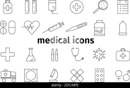 Medizinische Symbole mit einfacher Form. Schwarze Elemente in der Größe veränderbar. Vektor-Set auf einem medizinischen Thema. Stock Vektor