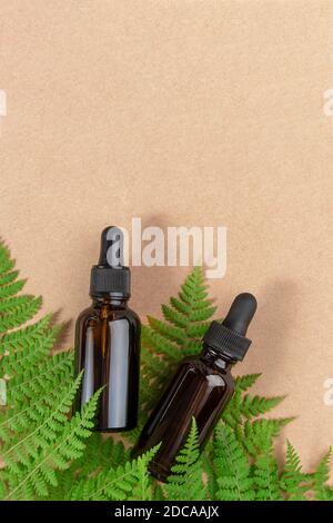 Zwei braune Glasflaschen mit Serum, ätherischem Öl oder anderen kosmetischen Produkten und grünen Farnblättern auf hellbeigem Hintergrund. Natürliches Organisches Spa Cosme