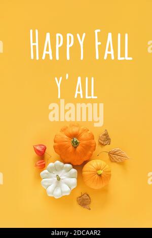 Happy Fall y'all Text und Herbst Komposition aus pattison, Kürbis, Kürbis und gelben Blättern Herbarium auf orangefarbenem Hintergrund. Konzept Hallo Herbst Stockfoto