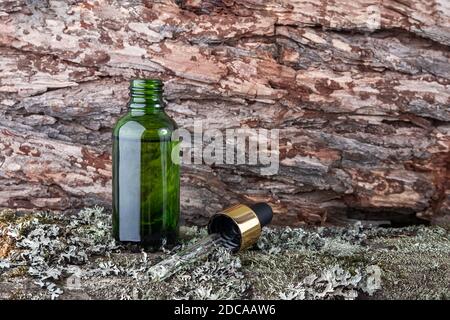 Eine grüne Glasflasche und Pipette mit Serum, ätherischem Öl auf grünem Moos und Baumrindenhintergrund. Natürliches organisches Spa Kosmetikkonzept. Stockfoto