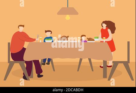 Illustration Vektor Design der Familie feiern Danksagung und sie essen Zusammen im Speisesaal Stock Vektor