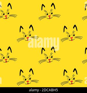 Niedliches Katzengesicht. Nahtloses Muster auf gelbem Hintergrund. Geeignet für Hintergrund oder Druck auf Stoff. Vektorgrafik Cartoon Illustration. Stock Vektor