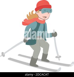 Retro-Stil Illustration eines Mädchens Skifahren im Schnee. Stock Vektor