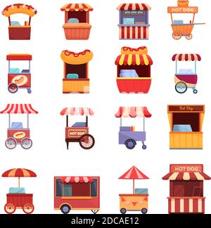 Hotdog-Cart-Symbole gesetzt. Cartoon Satz von Hot Dog Warenkorb Vektor-Symbole für Web-Design Stock Vektor