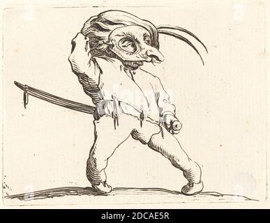 Jacques Callot, (Künstler), französisch, 1592 - 1635, Maskierter Mann mit verdrehten Füßen, Varie Figure Gobbi, (Serie), c.. 1622, Radierung und Gravur Stockfoto