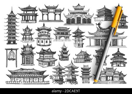 China Gebäude Doodle Set. Sammlung von Kreidestift von Hand gezeichnet von chinesischer Kultur Architektur und nationalen Tempeln Burgen auf weißem Hintergrund. Ostasiatische Landtraditiion Wahrzeichen. Stock Vektor