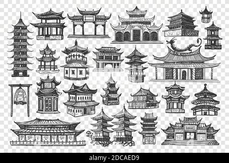 China Gebäude Doodle Set. Sammlung von Kreidestift von Hand gezeichnet von chinesischer Kultur Architektur und nationalen Tempeln Burgen auf transparentem Hintergrund. Ostasiatische Landtratidion Wahrzeichen. Stock Vektor