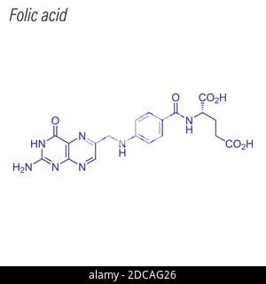 Skelettformel der Folsäure. Molekül der Medikamentenchemie. Stock Vektor