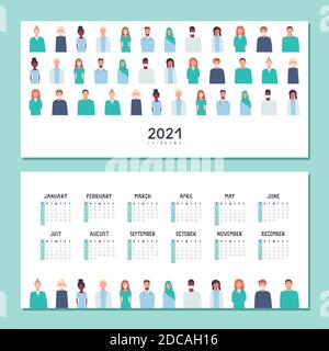 Frohes Neues Jahr 2021. Horizontale Wand, Schreibtisch, Tisch oder Taschenkalender mit Ärzten und Krankenschwestern in Masken. Satz von Vektorgrafiken, isoliert auf Weiß. Stock Vektor