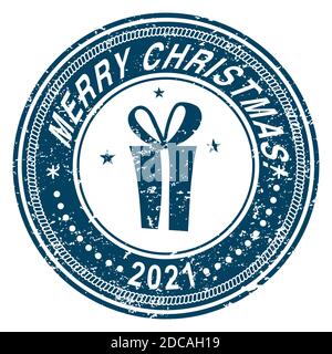 Weihnachtsstempel auf weißem Hintergrund. Grunge-Oberfläche. Geschenk in der Mitte des Kribels. Vektorgrafik. Frohe Weihnachten und Frohe Neujahrsschrift Stock Vektor