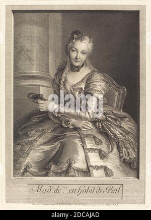 Pierre Louis de Surugue, (Künstler), französisch, 1710 oder 1716 - 1772, Charles-Antoine Coypel, (Künstler nach), französisch, 1694 - 1752, Mme. De M ... en Habit de bal, 1746, Radierung und Gravur Stockfoto