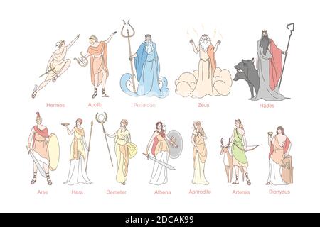 altgriechische Götter setzen Konzept. Gott Pantheon in Griechenland Hermes, Apollo, Poseidon, Zeus, Hades, Ares, Hera, Demeter, Athena, Aphrodite, Artemis und Dion Stock Vektor