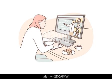 Training, Kommunikation, Distanz, Geschäft, Fühlungskonzept. Junge Frau Manager Freiberufler Zeichentrickfigur nimmt an Videokonferenz Remote Stock Vektor