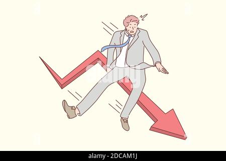 Business, Fall, Konkurs Konzept. Junge erschrockenen Geschäftsmann Manager bankrott Zeichentrickfigur fallen von roten Pfeil. Wirtschaftliche Misserfolg investme Stock Vektor